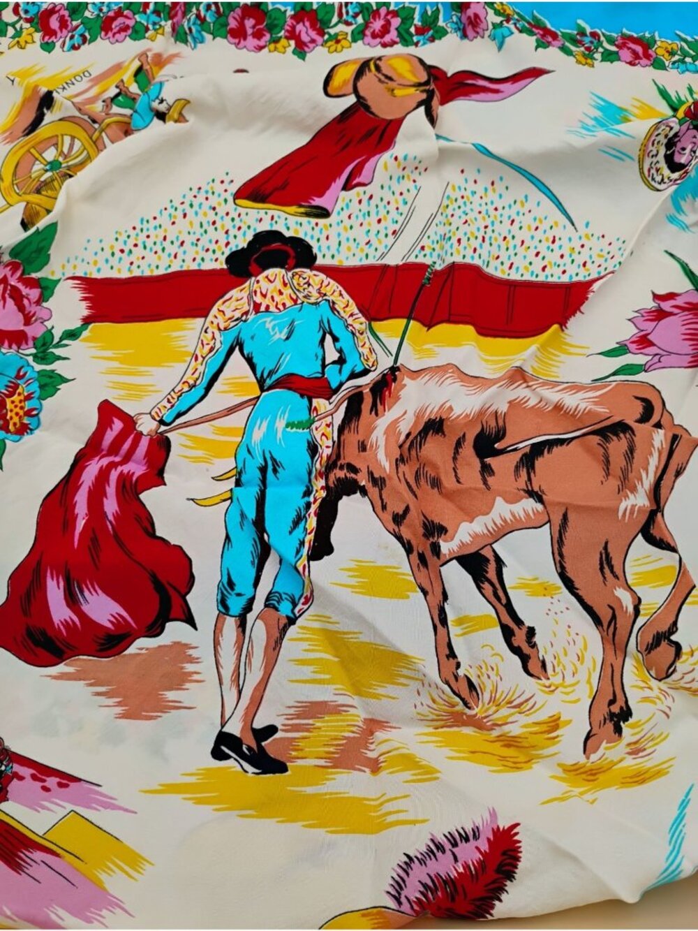 Vintage Greetings From Tijuana Handkerchief Mexican Souvenir MCM 34.5" x 32.5"